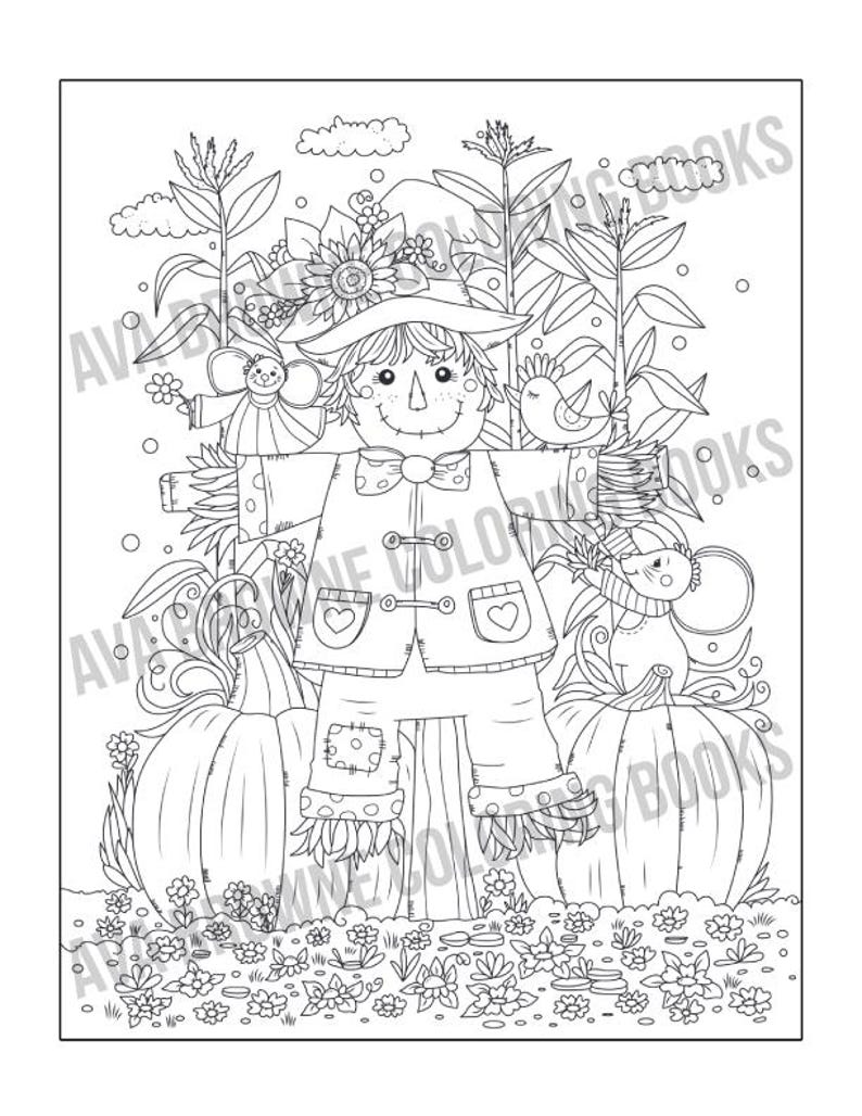 May include: A black and white line drawing of a scarecrow standing in a field with pumpkins. The scarecrow is wearing a hat and a jacket. There are flowers and other plants around the scarecrow.