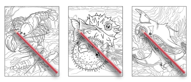 May include: A coloring book page featuring three underwater creatures: a lobster, a pufferfish, and a manta ray. The creatures are outlined in black and white, ready to be colored in.