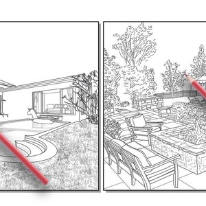 Peut inclure: Un dessin en noir et blanc d'une maison avec une piscine et un patio. Le dessin montre une piscine avec un patio avec des chaises et un foyer. La maison a une grande cour avec des arbres et des buissons.