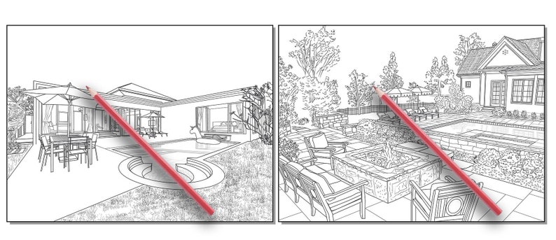 Peut inclure: Un dessin en noir et blanc d'une maison avec une piscine et un patio. Le dessin montre une piscine avec un patio avec des chaises et un foyer. La maison a une grande cour avec des arbres et des buissons.
