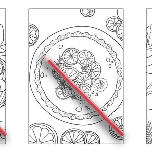 May include: Three black and white illustrations of food and drink. The first image shows a pitcher, a cup, and a small pastry on a tray. The second image shows a pie with a citrus fruit filling. The third image shows a bowl of ice cream with a sprig of mint.
