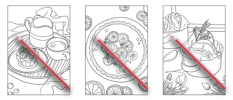 May include: Three black and white illustrations of food and drink. The first image shows a pitcher, a cup, and a small pastry on a tray. The second image shows a pie with a citrus fruit filling. The third image shows a bowl of ice cream with a sprig of mint.