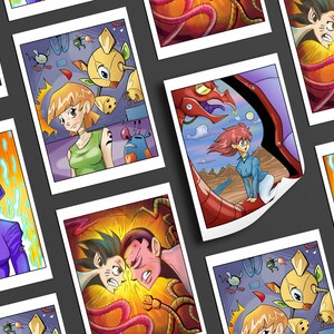 May include: A collection of eight comic book panels featuring colorful illustrations of characters in various scenes. The panels are arranged in a grid pattern on a gray background.