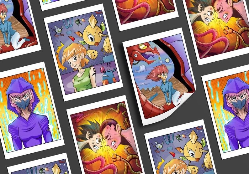 May include: A collection of eight comic book panels featuring colorful illustrations of characters in various scenes. The panels are arranged in a grid pattern on a gray background.