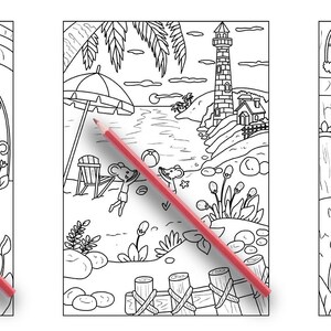 以下が含まれることがあります： 幻想的なシーンを描いた白黒の塗り絵3枚。最初のページは、店の正面と庭のある小さな家を表現しています。2枚目は、灯台とヤシの木のあるビーチのシーンです。3枚目は、庭のあるキノコの家です。