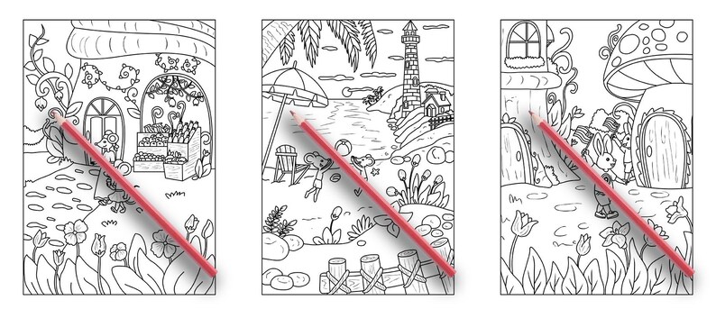 以下が含まれることがあります： 幻想的なシーンを描いた白黒の塗り絵3枚。最初のページは、店の正面と庭のある小さな家を表現しています。2枚目は、灯台とヤシの木のあるビーチのシーンです。3枚目は、庭のあるキノコの家です。