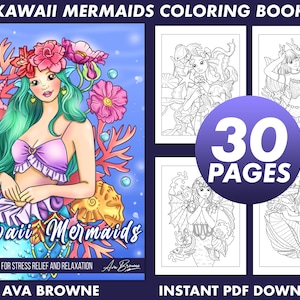 Ava Browne målarböcker | Kawaii sjöjungfrur målarbok, vuxen målarbok present till kvinnor, tonåringar, fantasy målarböcker PDF-nedladdning bild 1
