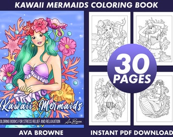 May include: A coloring book cover featuring a kawaii mermaid with long green hair and a pink and purple tail. The cover also includes the text "Kawaii Mermaids" and "30 Pages".