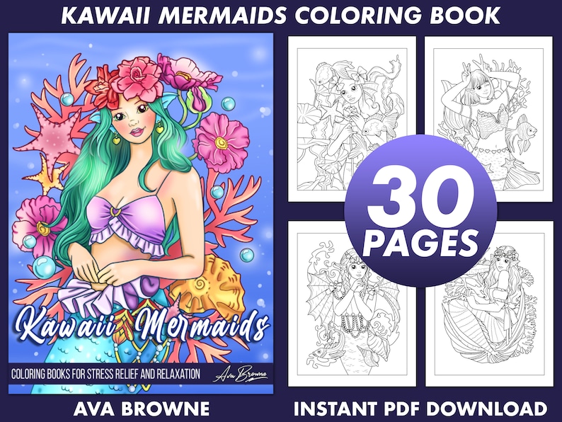 Ava Browne målarböcker | Kawaii sjöjungfrur målarbok, vuxen målarbok present till kvinnor, tonåringar, fantasy målarböcker PDF-nedladdning bild 1