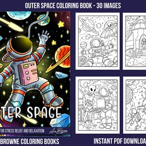 Op de afbeelding: Een zwart-witte kleurboekomslag met de titel "Outer Space" en een cartoon-astronaut die in de ruimte zweeft. De omslag bevat ook de tekst "Coloring Books for Stress Relief and Relaxation" en "Ava Browne Coloring Books".