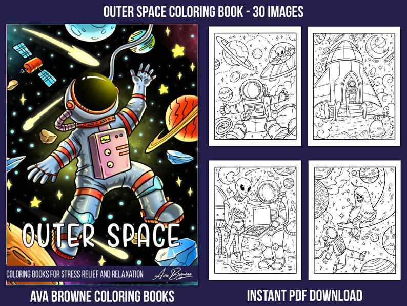 K&ouml;nnte beinhalten: Ein Schwarzwei&szlig;-Malbuchcover mit dem Titel "Outer Space" und einem Cartoon-Astronauten, der im Weltraum schwebt. Das Cover enth&auml;lt auch den Text "Coloring Books for Stress Relief and Relaxation" und "Ava Browne Coloring Books".