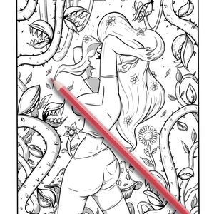 May include: Black and white line art coloring page featuring a woman surrounded by stylized carnivorous plants and flowers. A red colored pencil is diagonally across the page. The woman has long hair with floral accents.