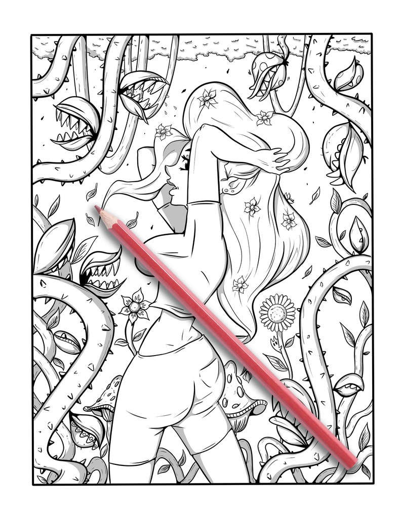 May include: Black and white line art coloring page featuring a woman surrounded by stylized carnivorous plants and flowers. A red colored pencil is diagonally across the page. The woman has long hair with floral accents.