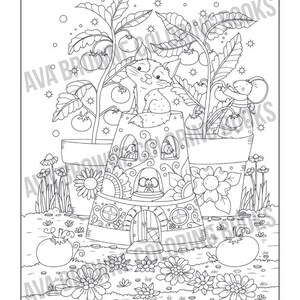 May include: A black and white illustration of a whimsical house made from flower pots with a cat peeking out of a window. The house is surrounded by flowers and tomato plants.