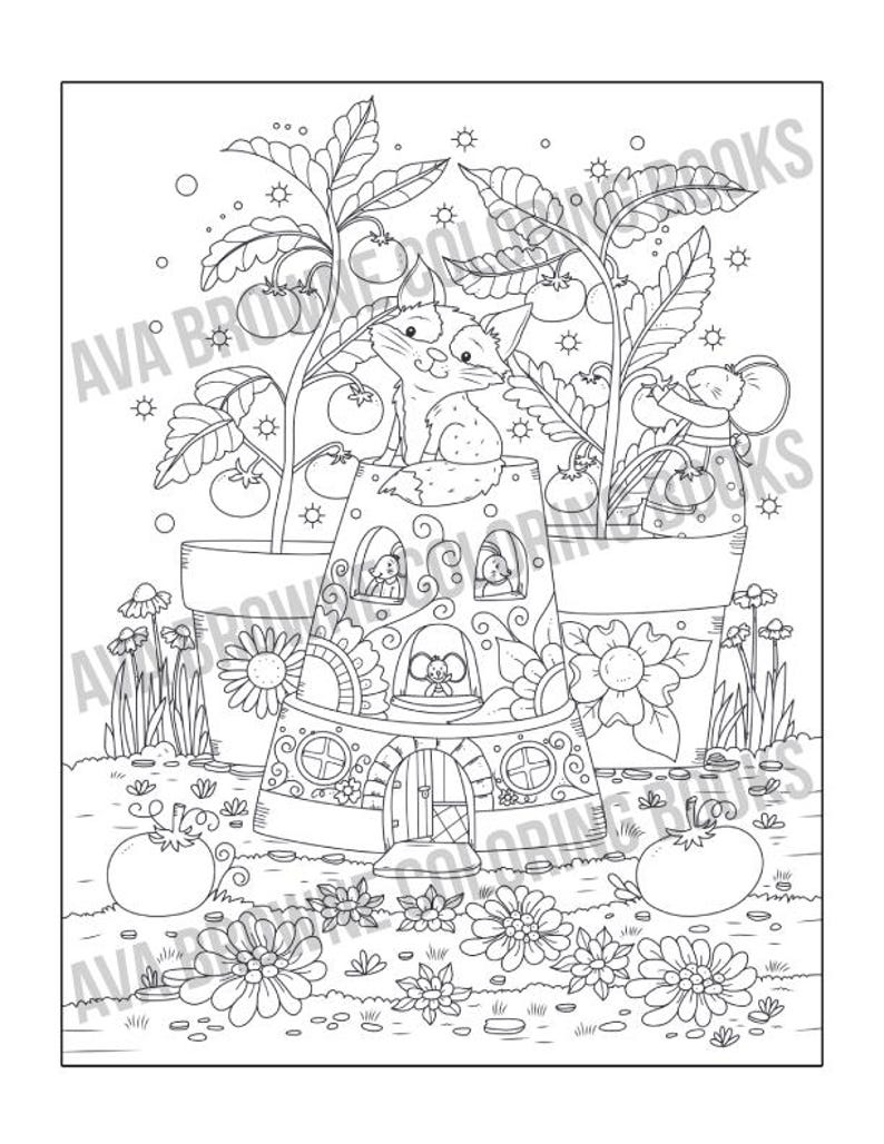 May include: A black and white illustration of a whimsical house made from flower pots with a cat peeking out of a window. The house is surrounded by flowers and tomato plants.