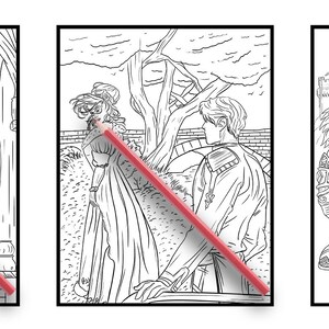 May include: Three black and white colouring book pages featuring a fantasy scene with a woman with horns and wings, a couple in a garden, and a warrior with a sword and shield.