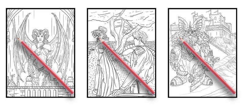 May include: Three black and white colouring book pages featuring a fantasy scene with a woman with horns and wings, a couple in a garden, and a warrior with a sword and shield.