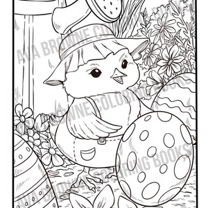 Peut inclure: Un dessin au trait noir et blanc d'un poussin portant un chapeau et une salopette tenant un &oelig;uf de P&acirc;ques. Le poussin est entour&eacute; de fleurs et d'autres &oelig;ufs de P&acirc;ques.
