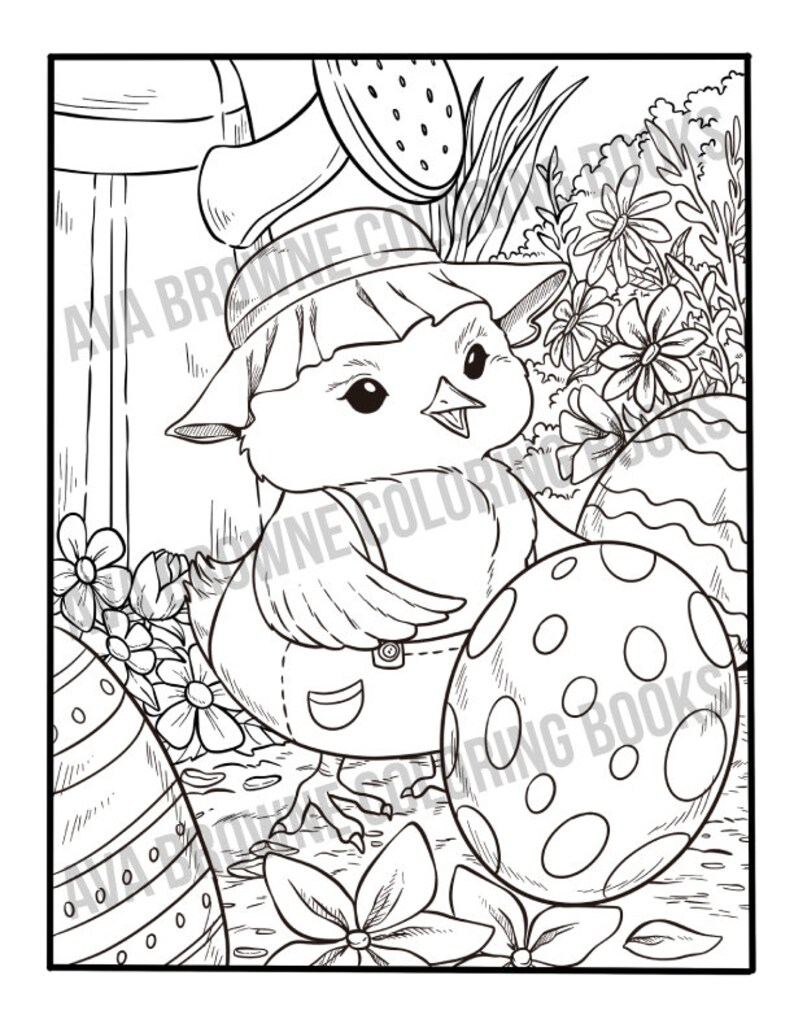Peut inclure: Un dessin au trait noir et blanc d'un poussin portant un chapeau et une salopette tenant un &oelig;uf de P&acirc;ques. Le poussin est entour&eacute; de fleurs et d'autres &oelig;ufs de P&acirc;ques.