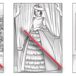 May include: Three black and white line drawings of women in different outfits. The first woman is wearing a dress and holding an umbrella. The second woman is wearing a long dress with ruffles. The third woman is wearing a polka dot dress and is sitting on a couch.