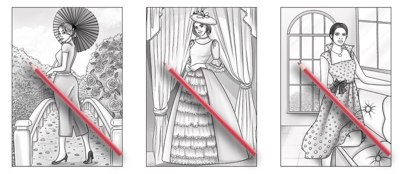 May include: Three black and white line drawings of women in different outfits. The first woman is wearing a dress and holding an umbrella. The second woman is wearing a long dress with ruffles. The third woman is wearing a polka dot dress and is sitting on a couch.
