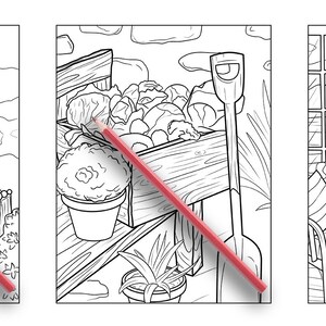 Puede incluir: Tres dibujos en blanco y negro de escenas al aire libre. La primera escena muestra una peque&ntilde;a casa con un porche y plantas. La segunda escena muestra un carro de madera lleno de verduras. La tercera escena muestra un patio con una silla y una mesa.