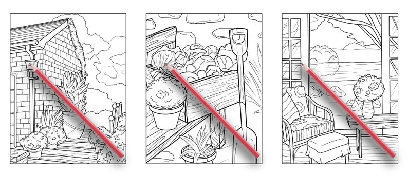 Puede incluir: Tres dibujos en blanco y negro de escenas al aire libre. La primera escena muestra una peque&ntilde;a casa con un porche y plantas. La segunda escena muestra un carro de madera lleno de verduras. La tercera escena muestra un patio con una silla y una mesa.