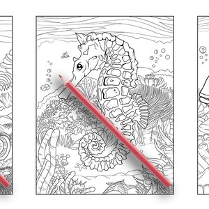 May include: Three black and white coloring pages featuring underwater scenes with a clownfish, a seahorse, and a fish with a long fin. Each page has a red pencil lying on top of it.