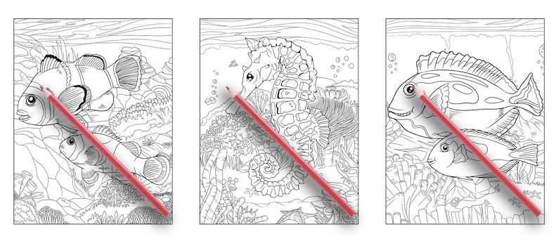 May include: Three black and white coloring pages featuring underwater scenes with a clownfish, a seahorse, and a fish with a long fin. Each page has a red pencil lying on top of it.