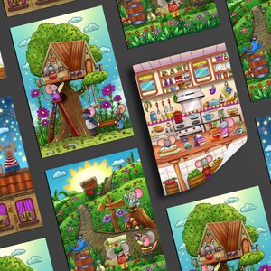 May include: A set of 10 illustrated cards featuring cute mice in various settings. The cards depict scenes such as a treehouse, a kitchen, a starry night, and a path through a forest. Each card has a whimsical and colourful design.