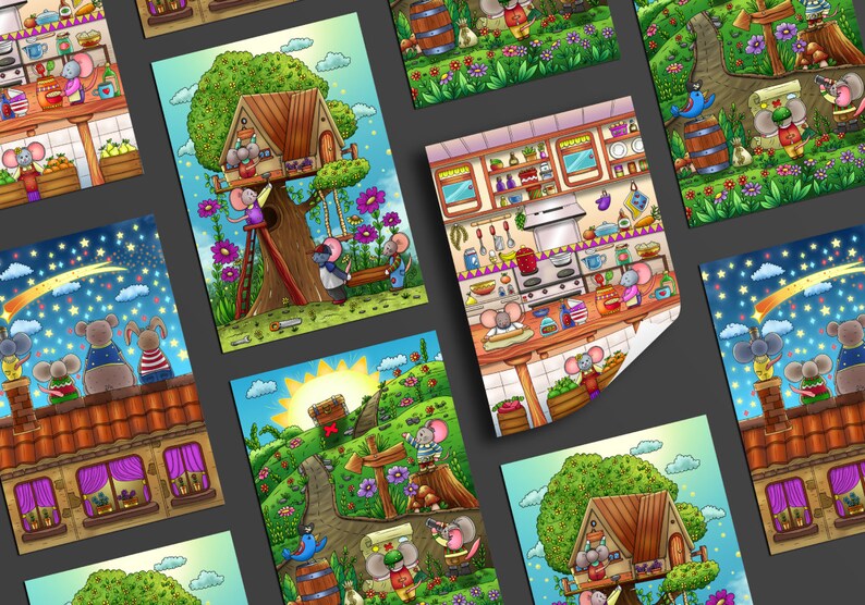 May include: A set of 10 illustrated cards featuring cute mice in various settings. The cards depict scenes such as a treehouse, a kitchen, a starry night, and a path through a forest. Each card has a whimsical and colourful design.