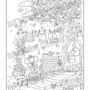 May include: A black and white coloring page featuring two mice, one with a basket and one with a dress, standing in front of a brick house with a clothesline hanging above. The clothesline has a variety of clothing items hanging on it, including a tank top, shorts, and a checkered cloth. The house is surrounded by trees and flowers.