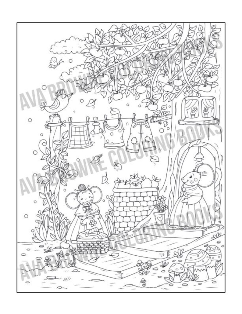 May include: A black and white coloring page featuring two mice, one with a basket and one with a dress, standing in front of a brick house with a clothesline hanging above. The clothesline has a variety of clothing items hanging on it, including a tank top, shorts, and a checkered cloth. The house is surrounded by trees and flowers.