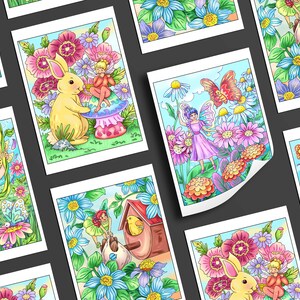 K&ouml;nnte beinhalten: Ein Satz von acht druckbaren Malvorlagen mit Feen, Schmetterlingen, Hasen und Blumen. Die Seiten sind f&uuml;r Erwachsene und Kinder zum Ausmalen gedacht.