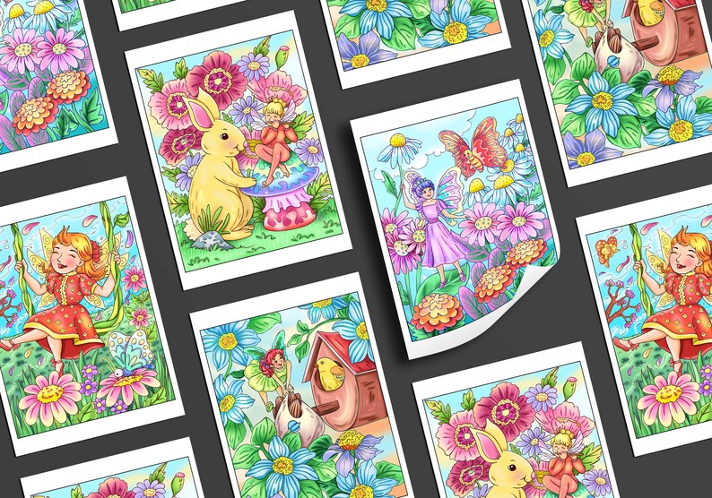 K&ouml;nnte beinhalten: Ein Satz von acht druckbaren Malvorlagen mit Feen, Schmetterlingen, Hasen und Blumen. Die Seiten sind f&uuml;r Erwachsene und Kinder zum Ausmalen gedacht.