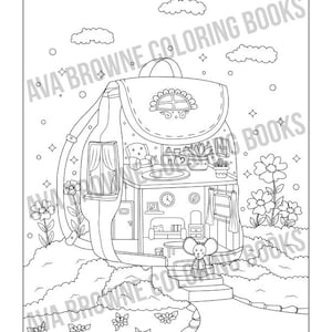 May include: A black and white line drawing of a backpack shaped house with a small mouse standing on the steps. The house has a window, a door, and a roof with a sun design. There are flowers and stars around the house.