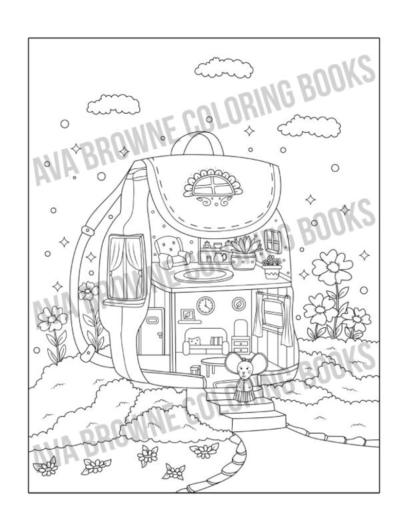 May include: A black and white line drawing of a backpack shaped house with a small mouse standing on the steps. The house has a window, a door, and a roof with a sun design. There are flowers and stars around the house.