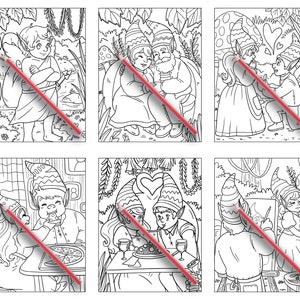 K&ouml;nnte beinhalten: Sechs Schwarzwei&szlig;illustrationen von Elfen in verschiedenen Szenen. Die Illustrationen sind im Cartoon-Stil gehalten und zeigen Herzen, Blumen und andere romantische Details.