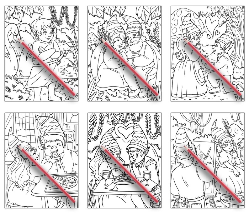 K&ouml;nnte beinhalten: Sechs Schwarzwei&szlig;illustrationen von Elfen in verschiedenen Szenen. Die Illustrationen sind im Cartoon-Stil gehalten und zeigen Herzen, Blumen und andere romantische Details.
