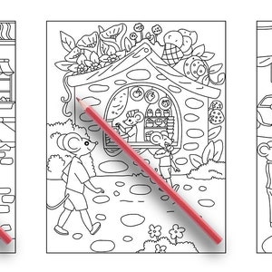May include: Three black and white coloring pages featuring a storefront, a house with a garden, and a garage with cars. Each page has a red pencil lying on top of it.