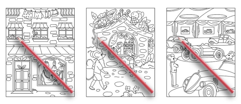 May include: Three black and white coloring pages featuring a storefront, a house with a garden, and a garage with cars. Each page has a red pencil lying on top of it.