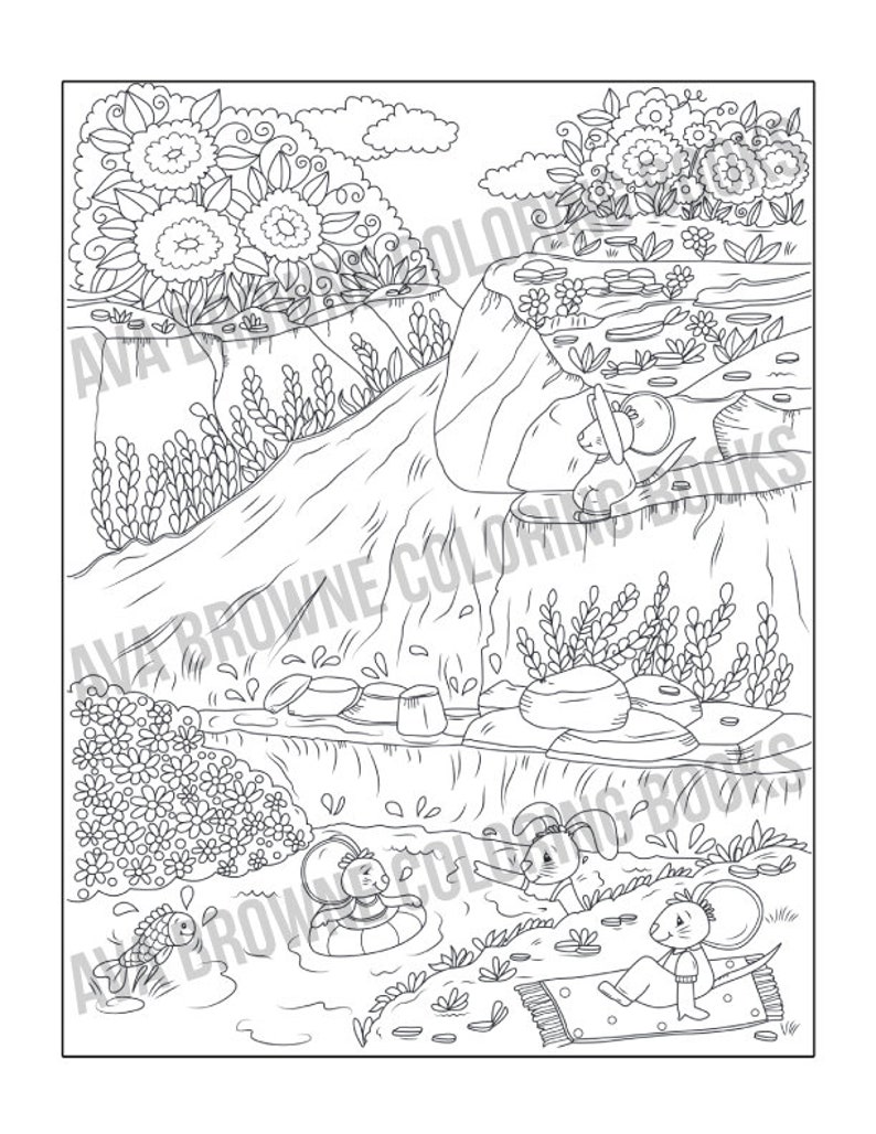 May include: A black and white illustration of a whimsical scene with a waterfall, flowers, and animals. Two rabbits are floating in a pool of water, one in a ring and the other swimming. A mouse is sitting on a rug, and another mouse is sitting on a rock by the waterfall.
