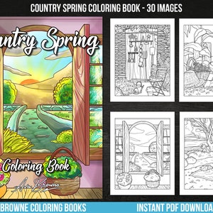Puede incluir: Una portada de libro para colorear con un tema de primavera campestre. La portada presenta una ventana con vista a un arroyo, flores y un letrero que dice "Country Spring Coloring Book".