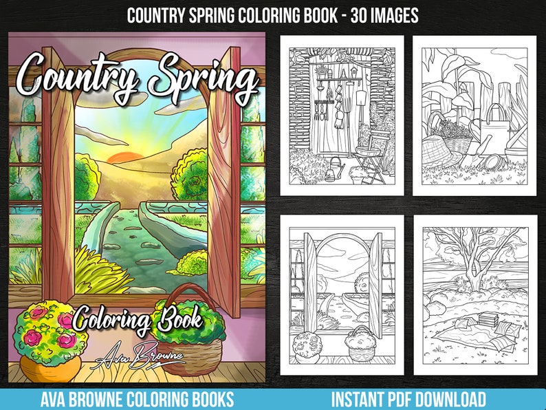 Puede incluir: Una portada de libro para colorear con un tema de primavera campestre. La portada presenta una ventana con vista a un arroyo, flores y un letrero que dice "Country Spring Coloring Book".