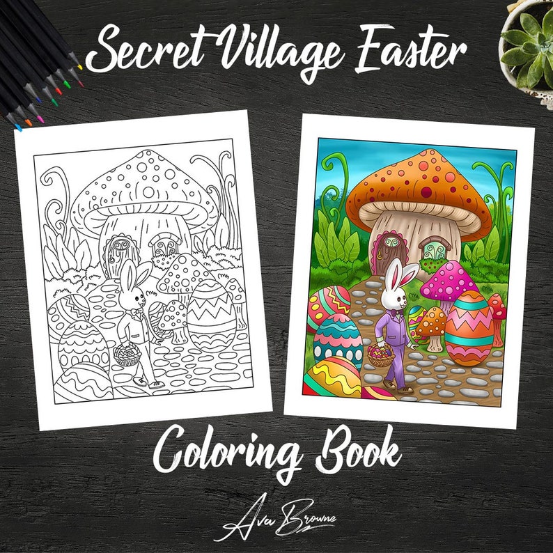May include: A black and white coloring book page featuring a bunny rabbit holding a basket of Easter eggs. The bunny is walking towards a mushroom house with a door and windows. The scene is surrounded by flowers and other mushrooms.