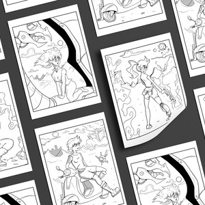 May include: A set of nine black and white coloring pages featuring anime-style characters riding scooters, standing in front of a giant robot, and standing in a desert landscape.