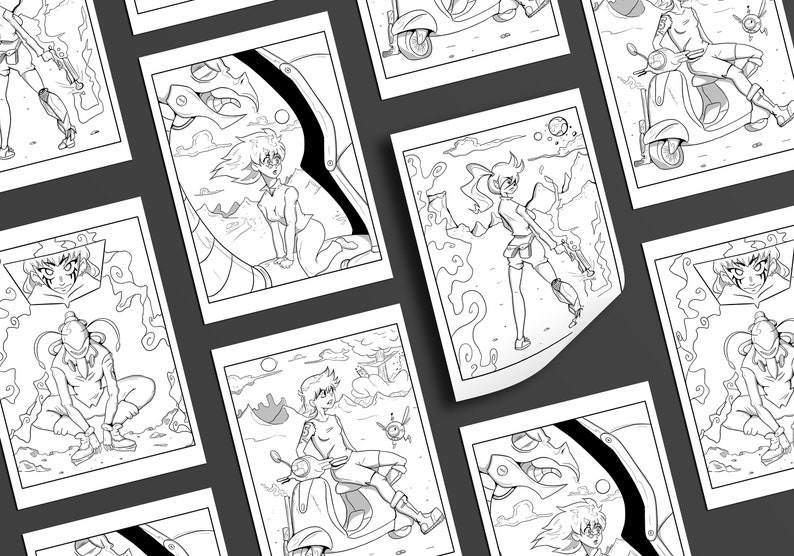 May include: A set of nine black and white coloring pages featuring anime-style characters riding scooters, standing in front of a giant robot, and standing in a desert landscape.