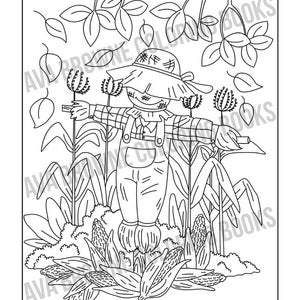 May include: A black and white line drawing of a scarecrow standing in a field of corn. The scarecrow is wearing a hat and overalls.