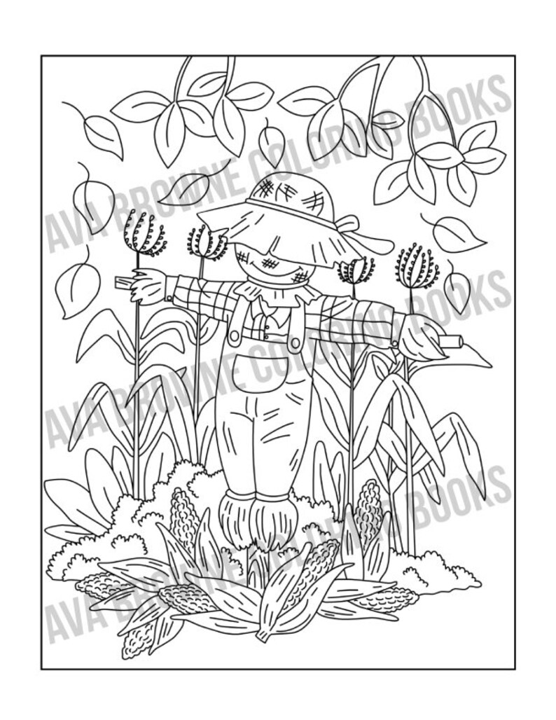 May include: A black and white line drawing of a scarecrow standing in a field of corn. The scarecrow is wearing a hat and overalls.