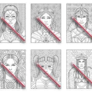 May include: Six black and white illustrations of women with intricate hairstyles and headwear. Each woman is wearing a different style of armor and has a unique facial expression. The illustrations are set against a background of Celtic knotwork and other decorative patterns.